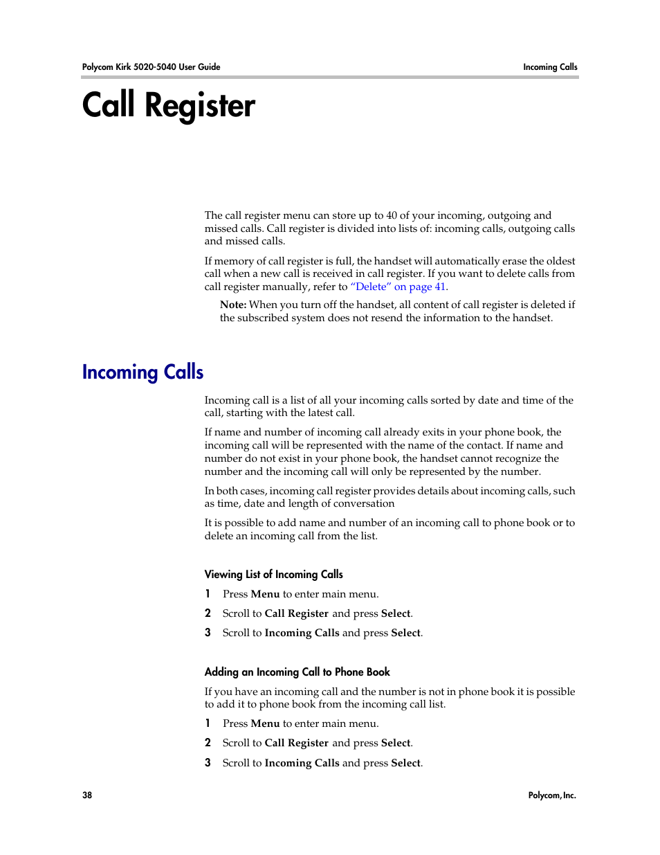 Call register, Incoming calls | Polycom KIRK 14158600-HD User Manual | Page 38 / 88