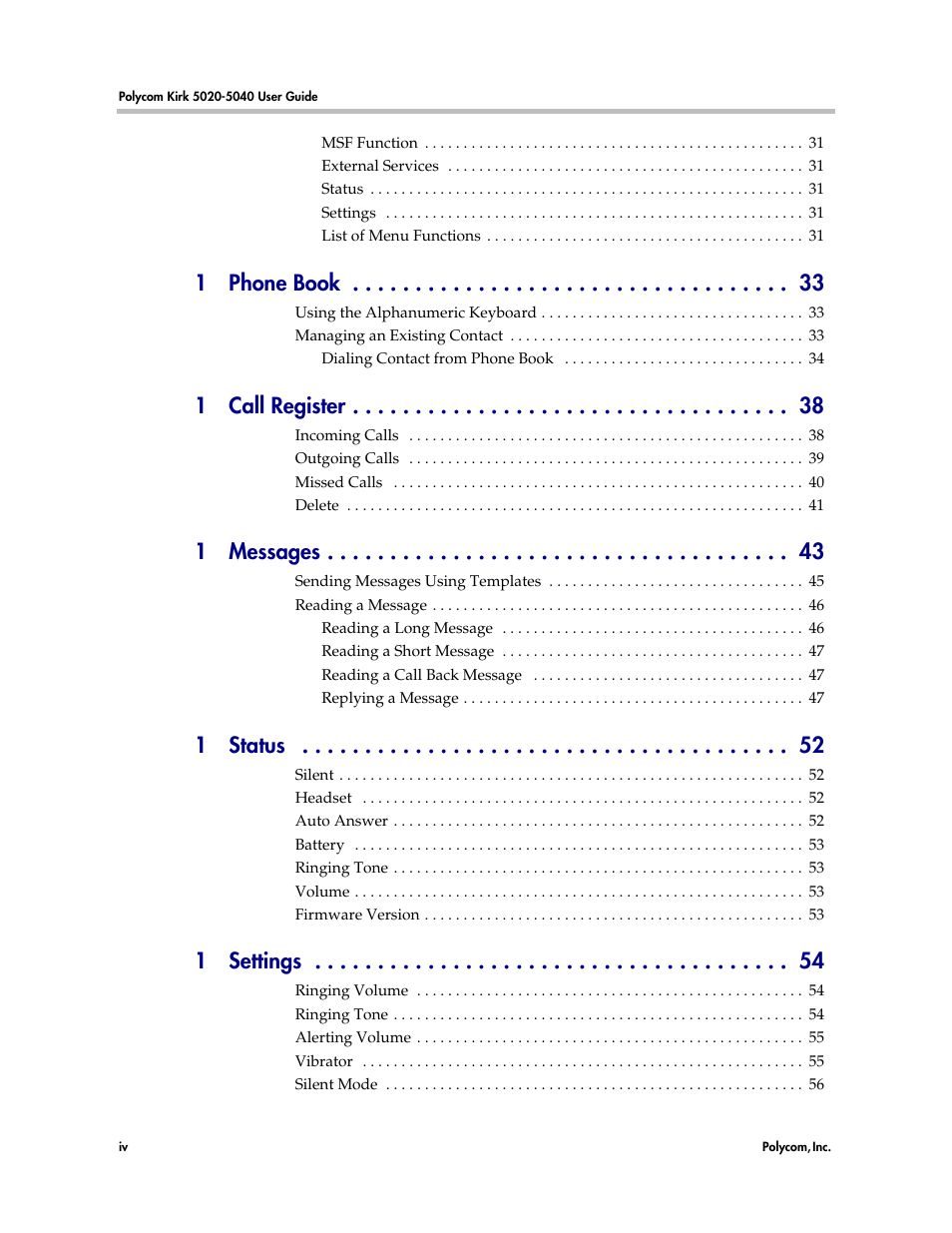 1 phone book, 1 call register, 1 messages | 1 status, 1 settings | Polycom KIRK 14158600-HD User Manual | Page 4 / 88