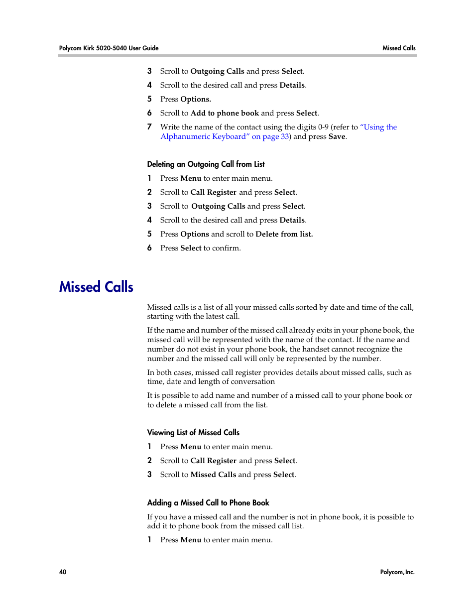 Missed calls | Polycom KIRK 14158600-HD User Manual | Page 40 / 88