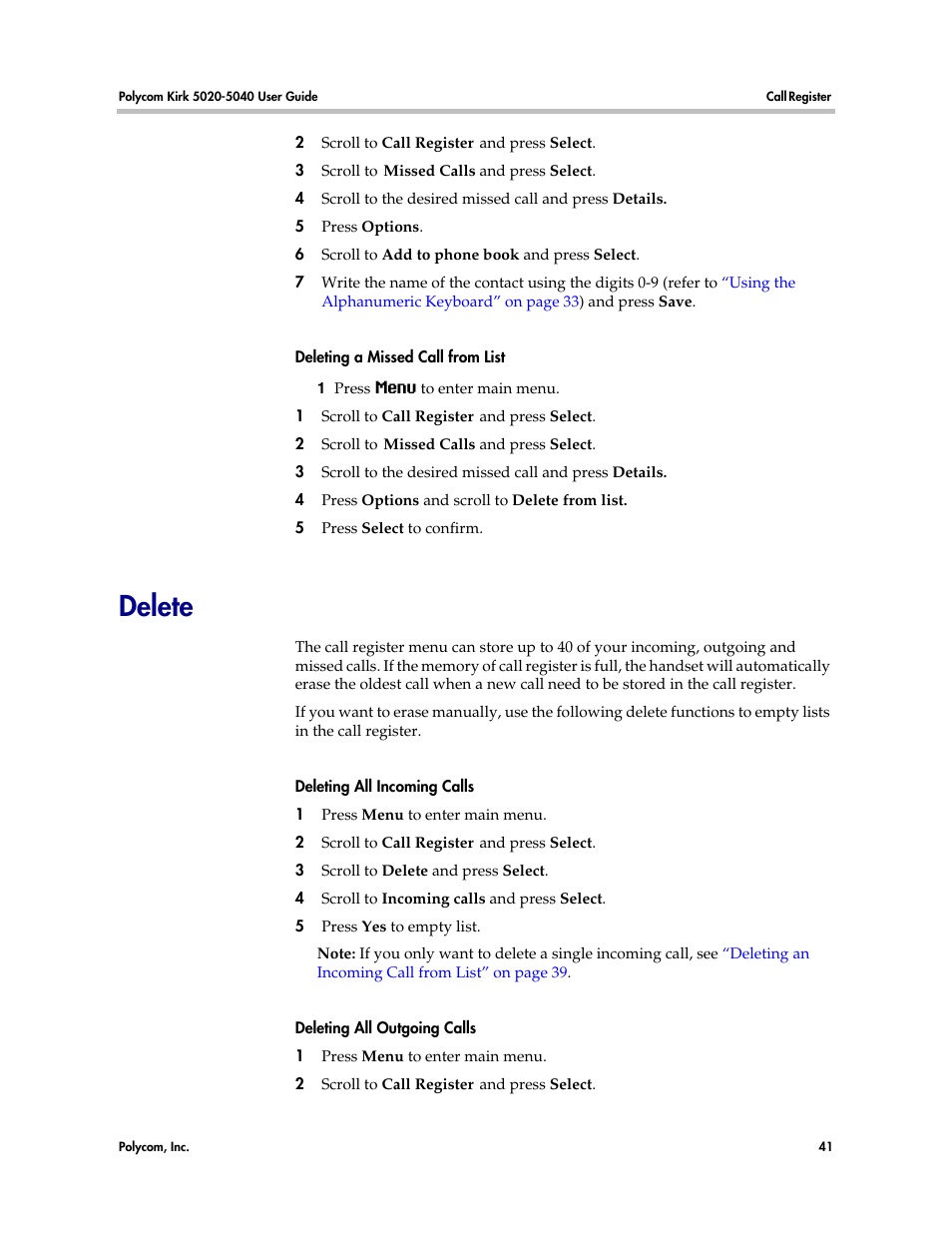 Delete | Polycom KIRK 14158600-HD User Manual | Page 41 / 88