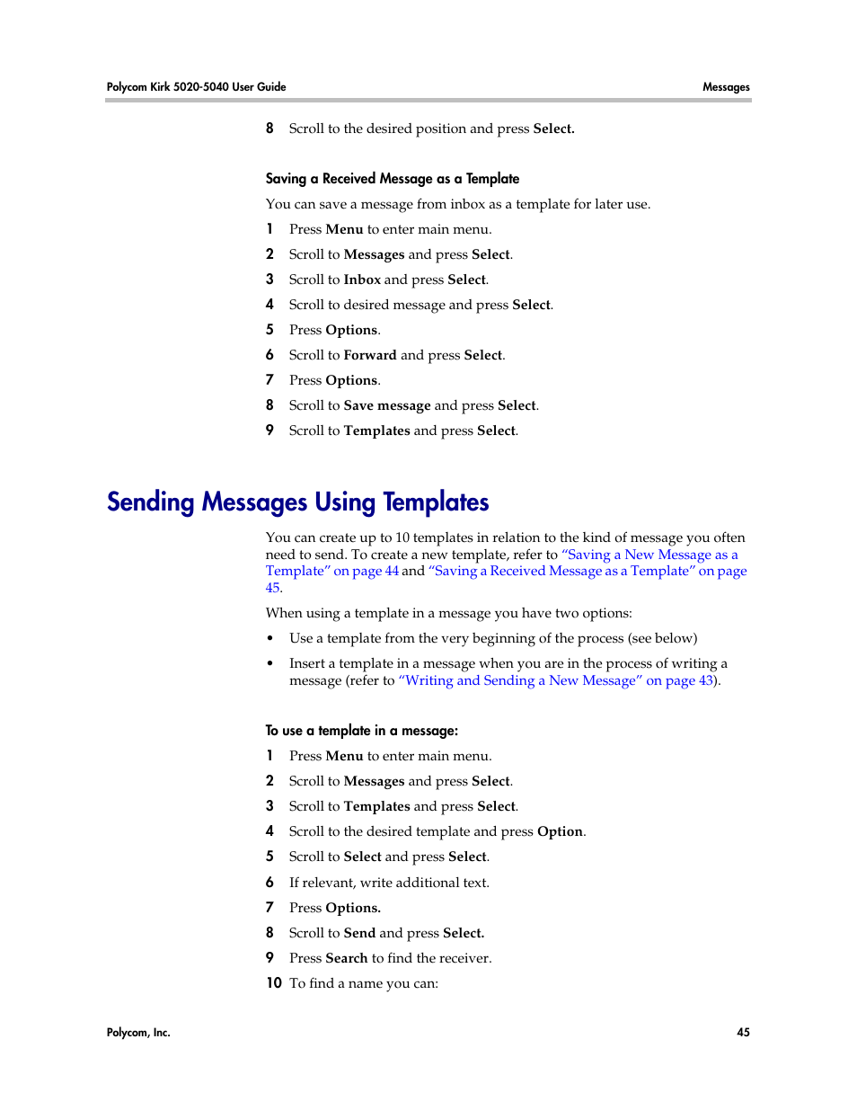 Sending messages using templates | Polycom KIRK 14158600-HD User Manual | Page 45 / 88