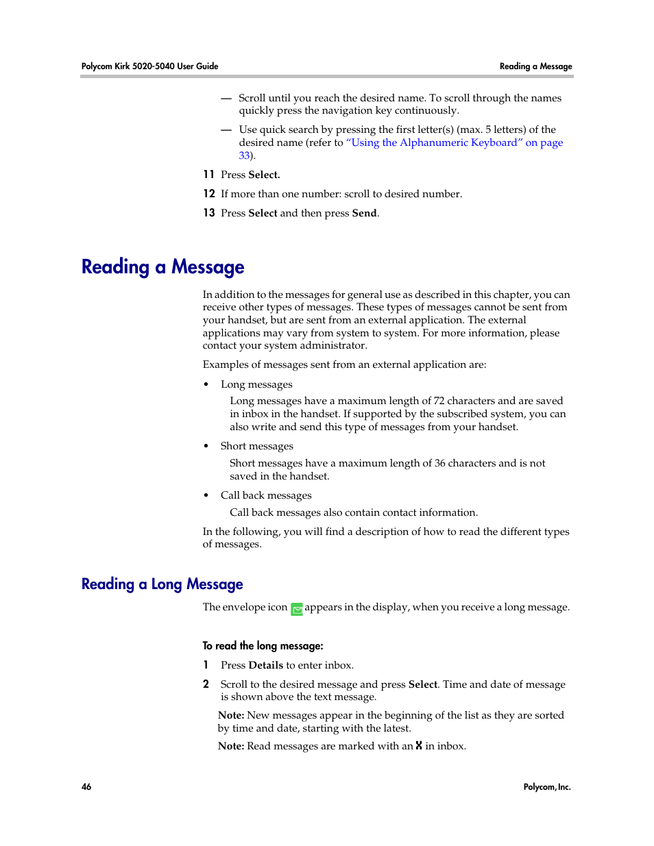 Reading a message, Reading a long message | Polycom KIRK 14158600-HD User Manual | Page 46 / 88