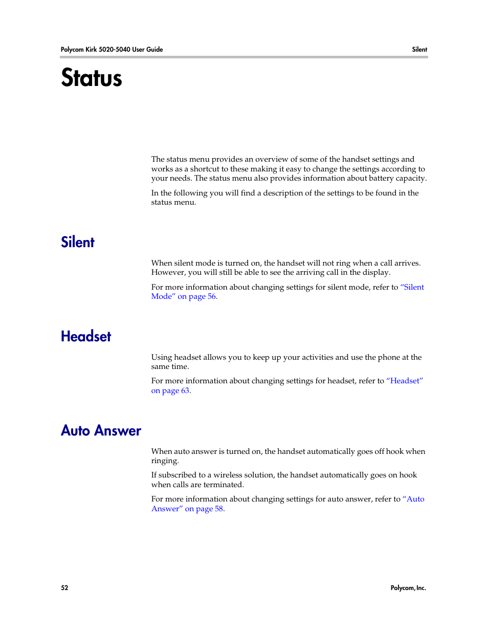 Status, Silent, Headset | Auto answer | Polycom KIRK 14158600-HD User Manual | Page 52 / 88