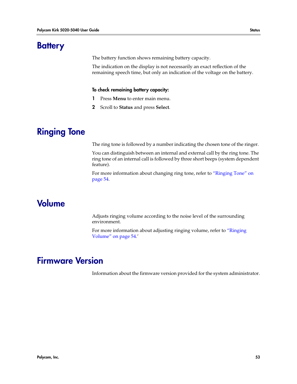 Battery, Ringing tone, Volume | Firmware version | Polycom KIRK 14158600-HD User Manual | Page 53 / 88