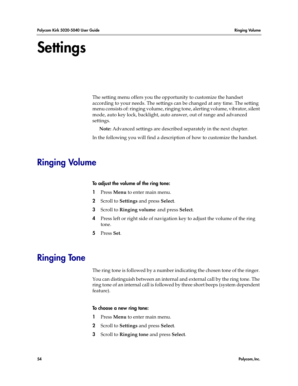 Settings, Ringing volume, Ringing tone | Polycom KIRK 14158600-HD User Manual | Page 54 / 88