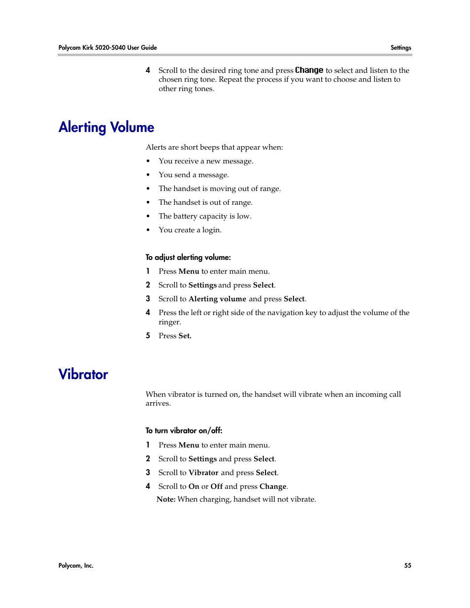 Alerting volume, Vibrator | Polycom KIRK 14158600-HD User Manual | Page 55 / 88