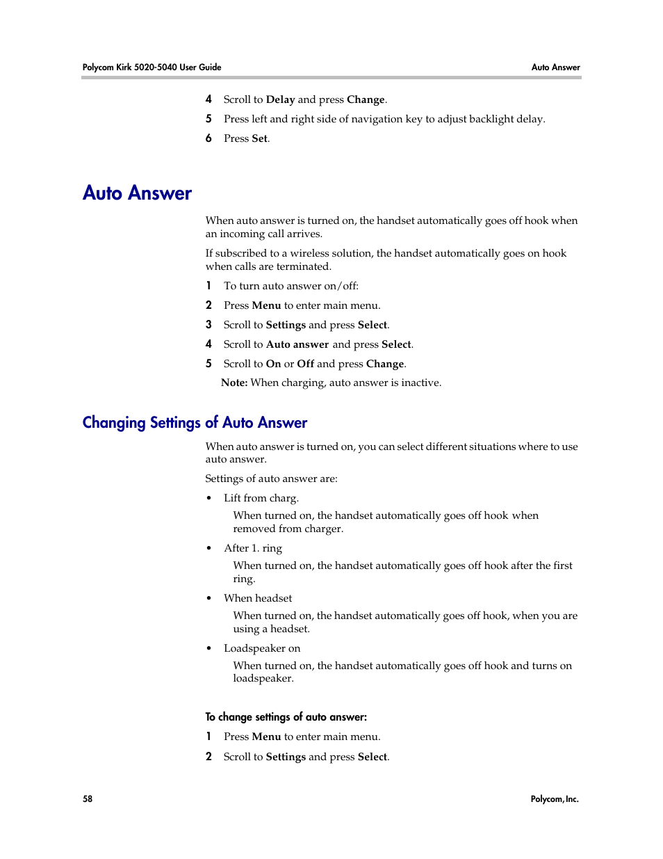 Auto answer, Changing settings of auto answer | Polycom KIRK 14158600-HD User Manual | Page 58 / 88