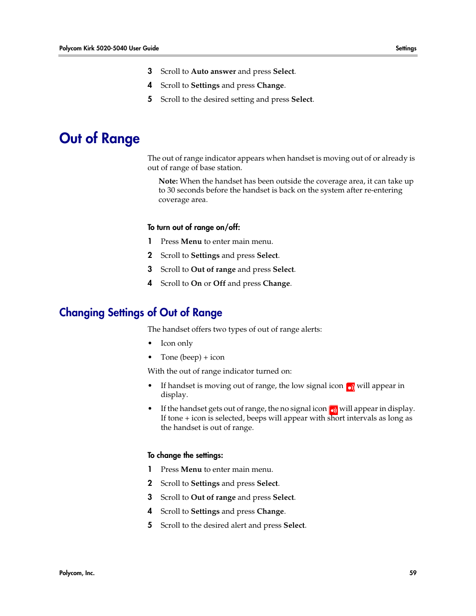 Out of range, Changing settings of out of range | Polycom KIRK 14158600-HD User Manual | Page 59 / 88