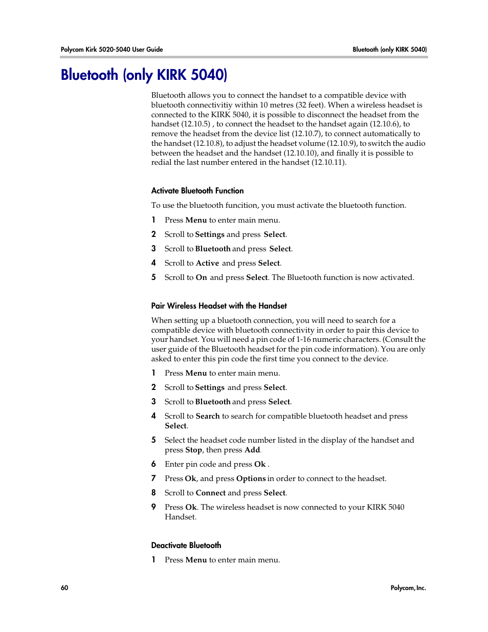 Bluetooth (only kirk 5040) | Polycom KIRK 14158600-HD User Manual | Page 60 / 88