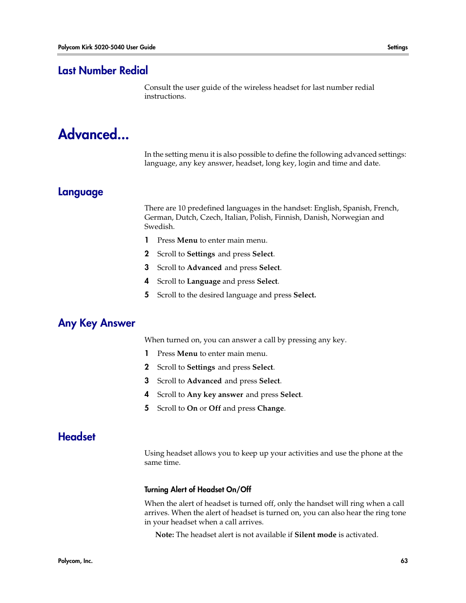 Advanced, Last number redial, Language | Any key answer, Headset | Polycom KIRK 14158600-HD User Manual | Page 63 / 88