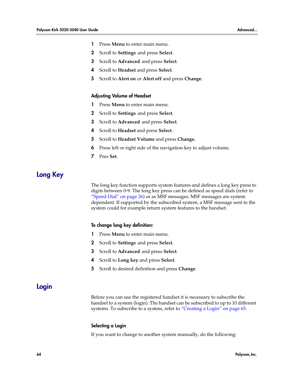 Long key, Login | Polycom KIRK 14158600-HD User Manual | Page 64 / 88