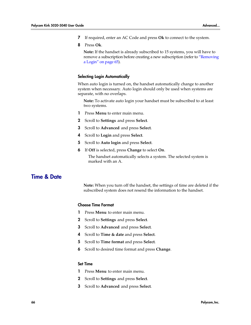 Time & date | Polycom KIRK 14158600-HD User Manual | Page 66 / 88