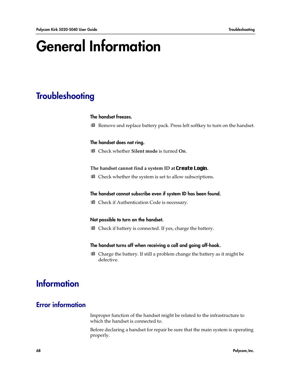 General information, Troubleshooting, Information | Error information | Polycom KIRK 14158600-HD User Manual | Page 68 / 88