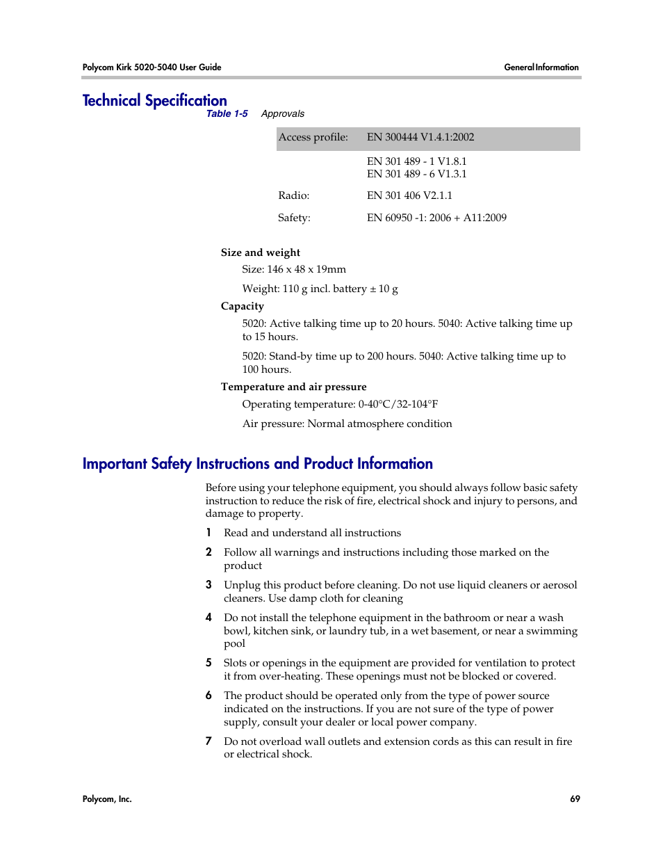 Technical specification | Polycom KIRK 14158600-HD User Manual | Page 69 / 88