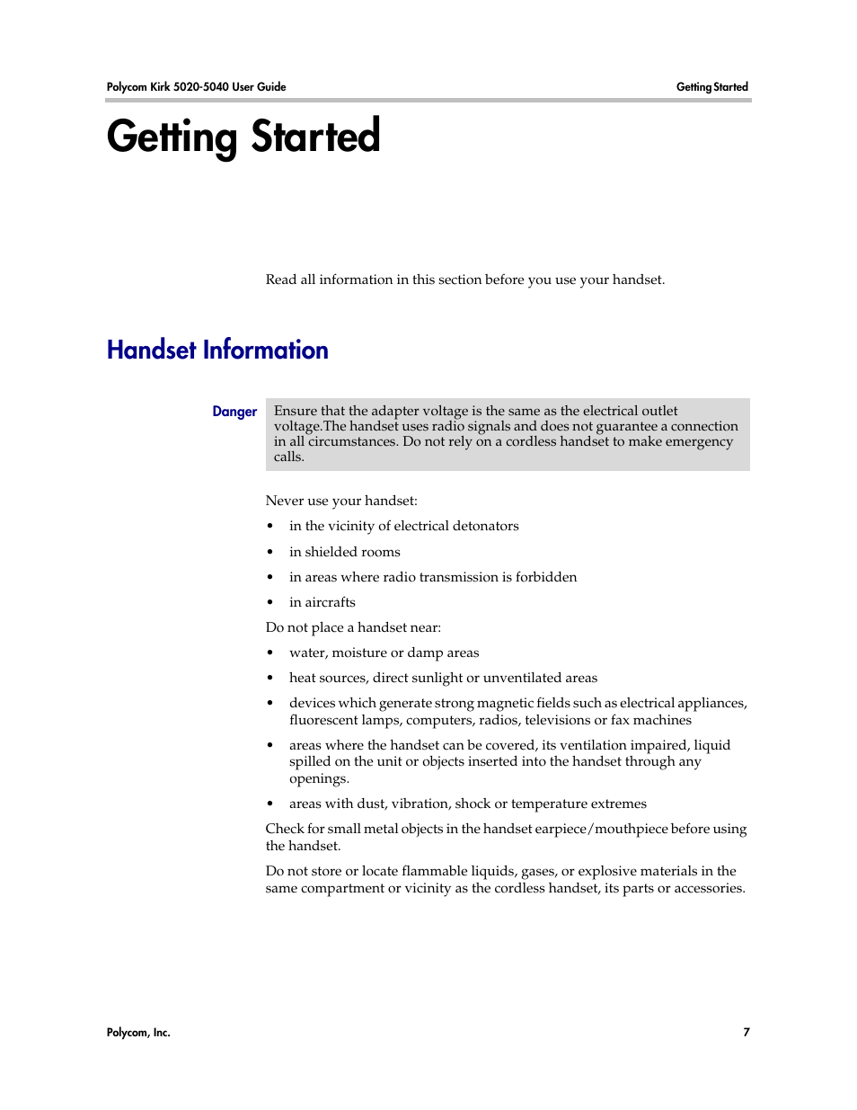Getting started, Handset information | Polycom KIRK 14158600-HD User Manual | Page 7 / 88