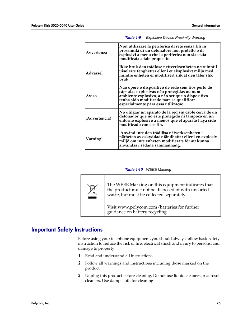 Important safety instructions | Polycom KIRK 14158600-HD User Manual | Page 75 / 88