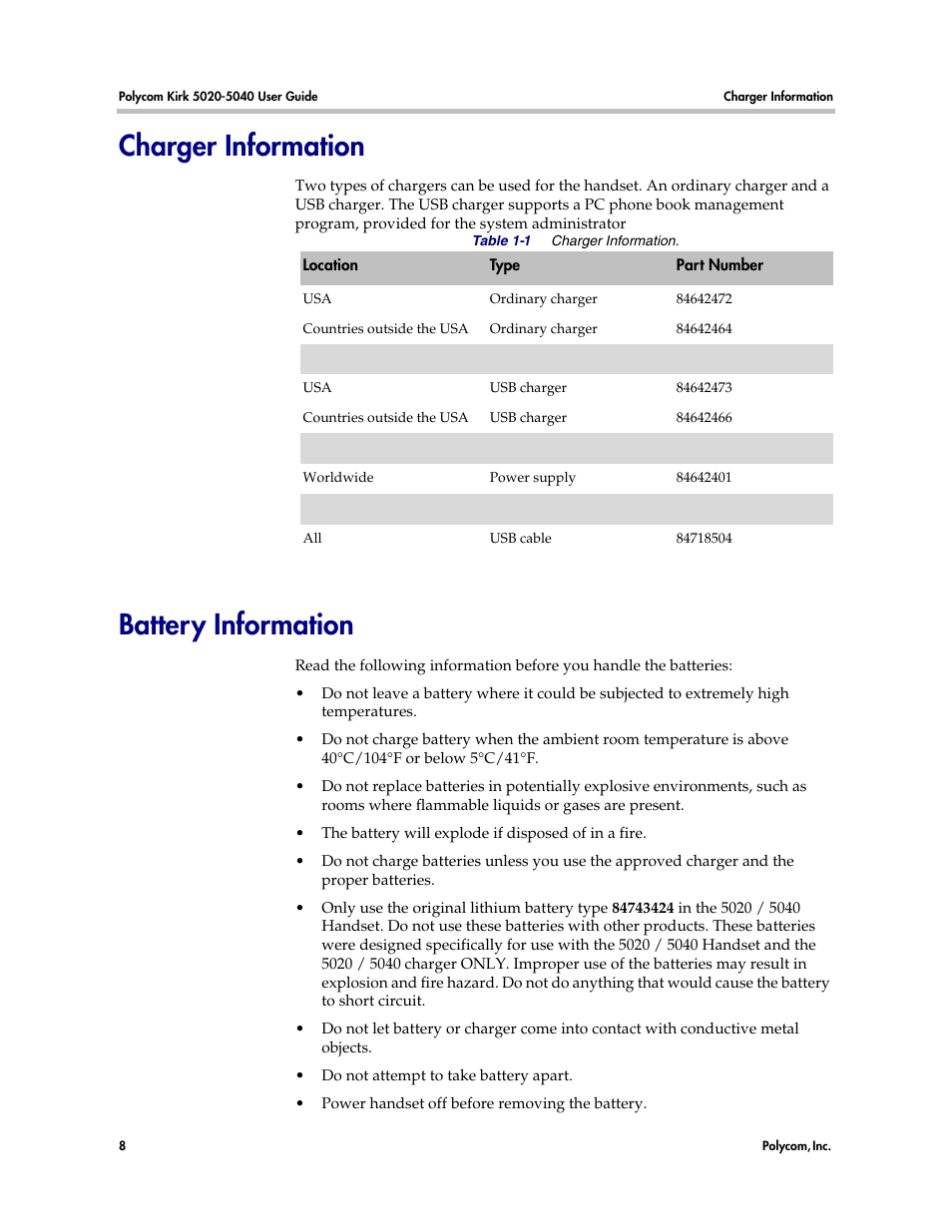 Charger information, Battery information | Polycom KIRK 14158600-HD User Manual | Page 8 / 88