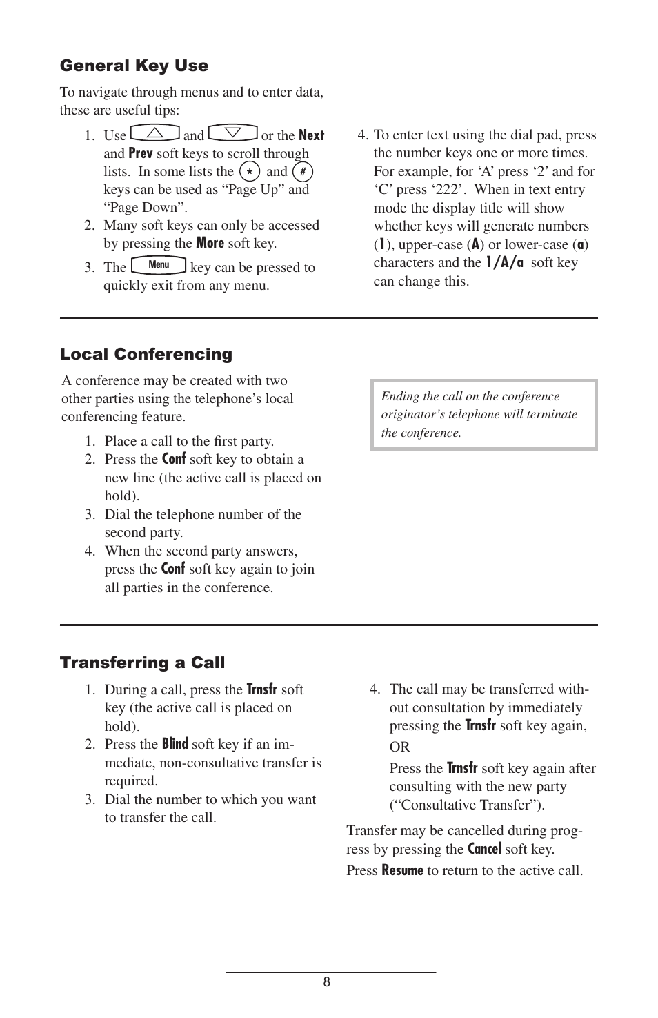 General key use, Local conferencing, Transferring a call | Call timer | Polycom IP 300 SIP User Manual | Page 11 / 28