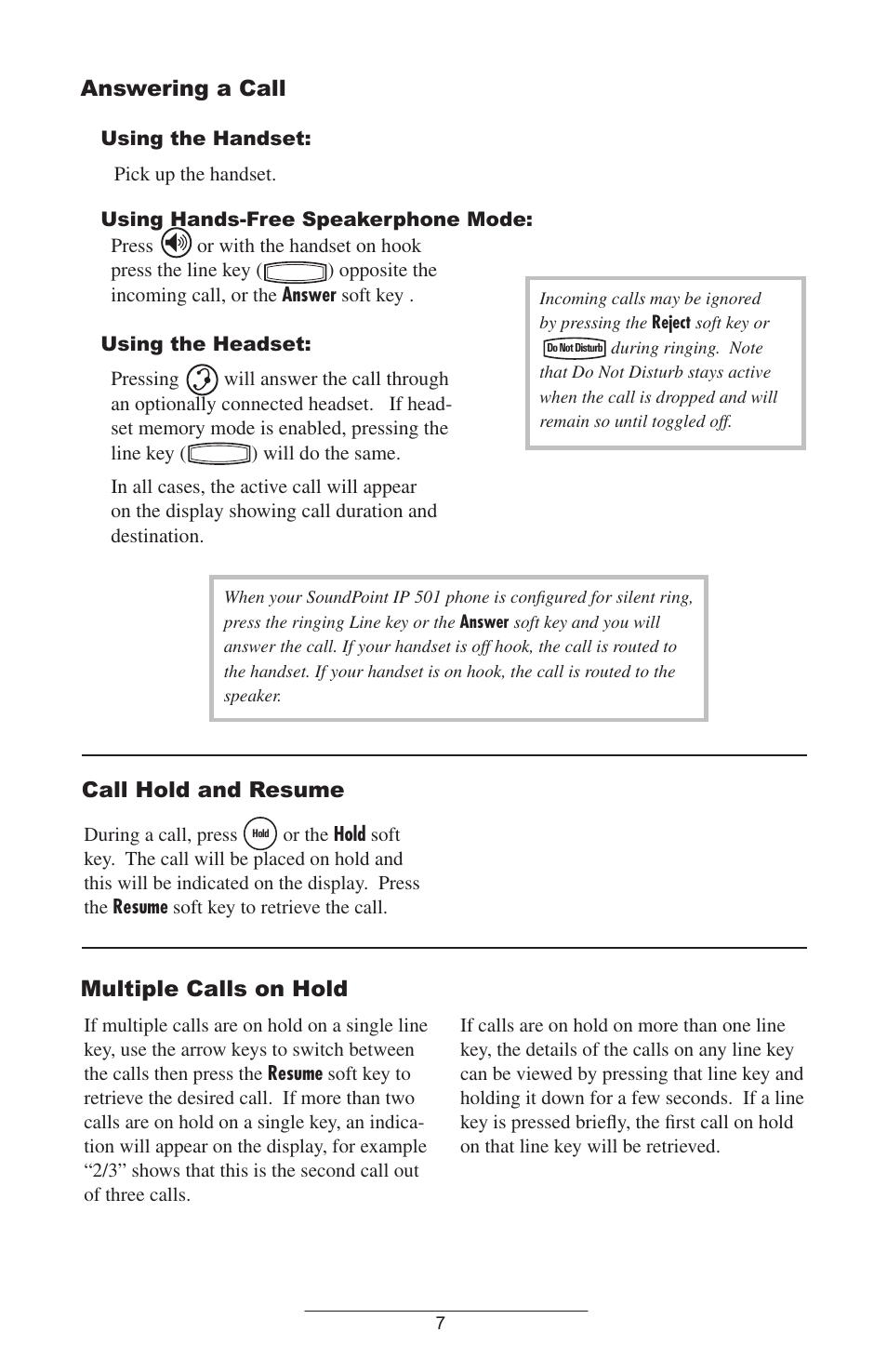 Answering a call, Multiple calls on hold, Call hold and resume | Polycom IP 501 User Manual | Page 10 / 29