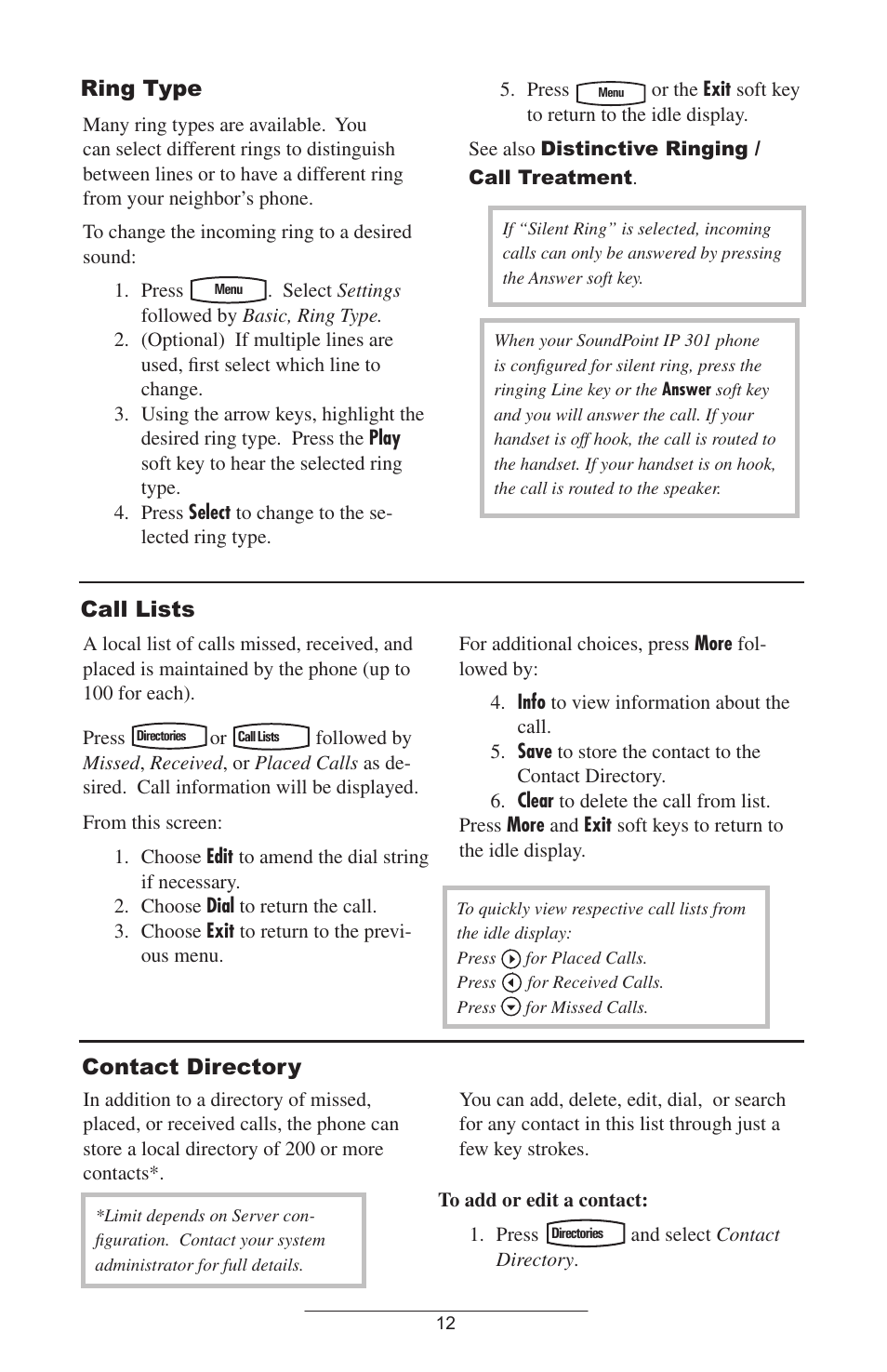 Call lists, Contact directory, Ring type | Polycom IP 501 User Manual | Page 15 / 29
