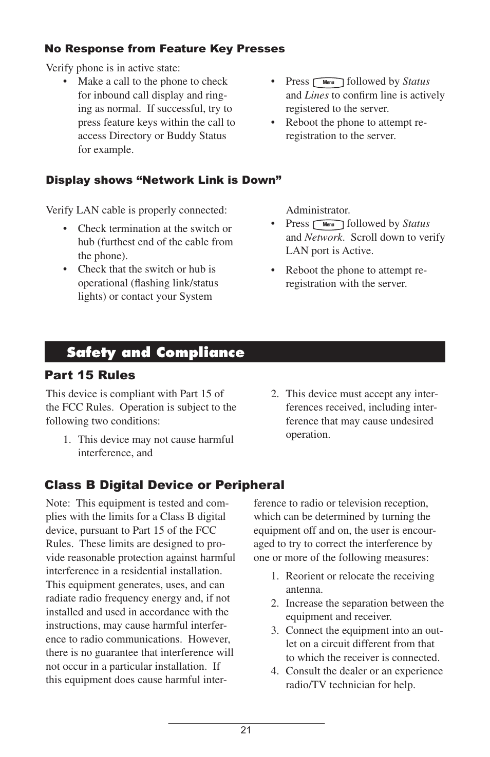 Part 15 rules, Class b digital device or peripheral | Polycom IP 501 User Manual | Page 24 / 29