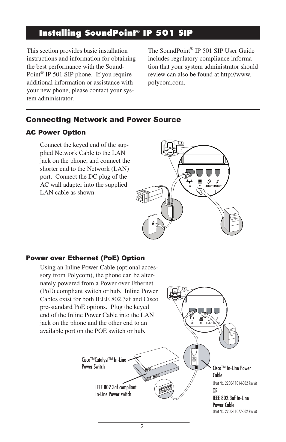 Installing.soundpoint, Ip.501.sip, Connecting network and power source | Ac power option power over ethernet (poe) option | Polycom IP 501 User Manual | Page 5 / 29