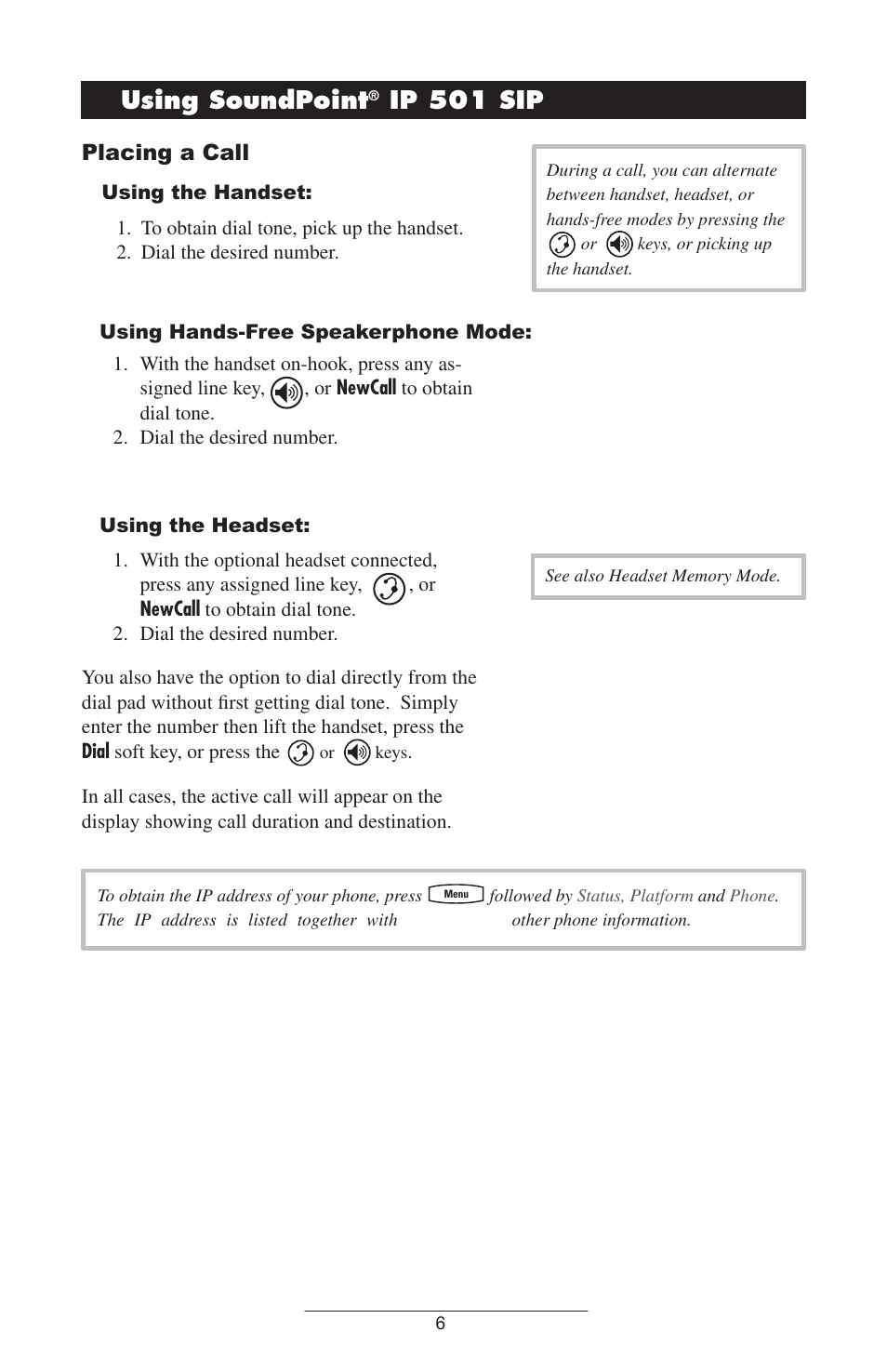 Using.soundpoint, Ip.501.sip, Placing a call | Polycom IP 501 User Manual | Page 9 / 29