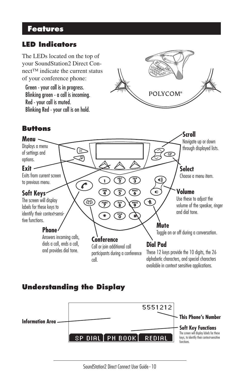 Features, Led indicators, Buttons | Understanding the display, Bereit, Ready, Preparado, Prêt, Pronto, Klar | Polycom Sound Station2 Direct Connect-MERIDIAN User Manual | Page 10 / 37