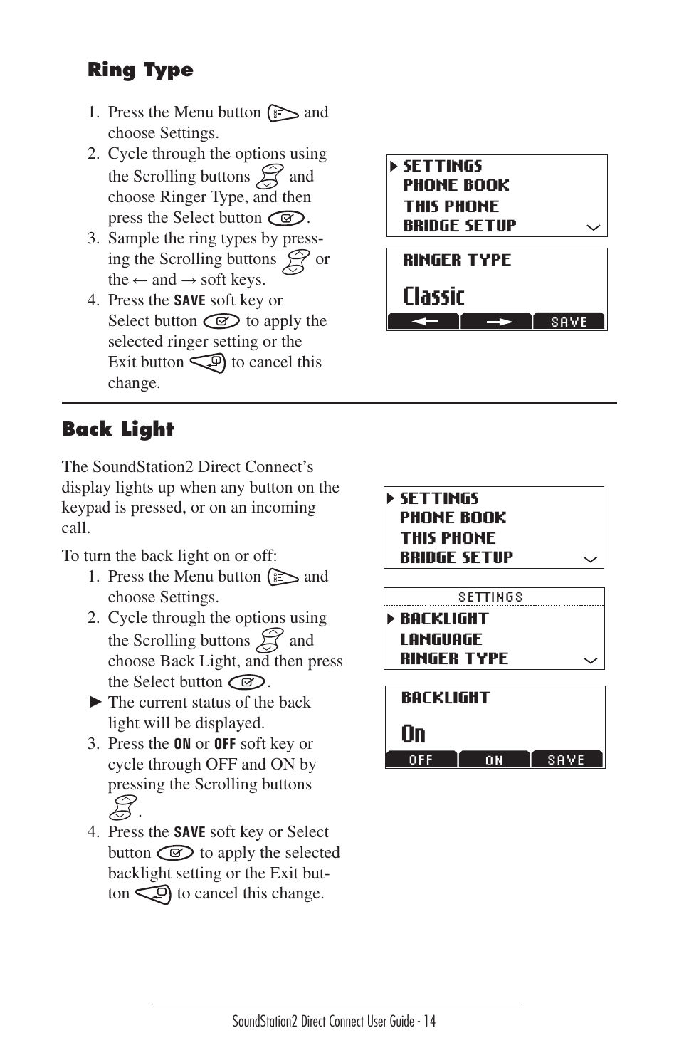 Speaker volume adjustment, Display contrast, Ring type | Back light, Classic | Polycom Sound Station2 Direct Connect-MERIDIAN User Manual | Page 14 / 37