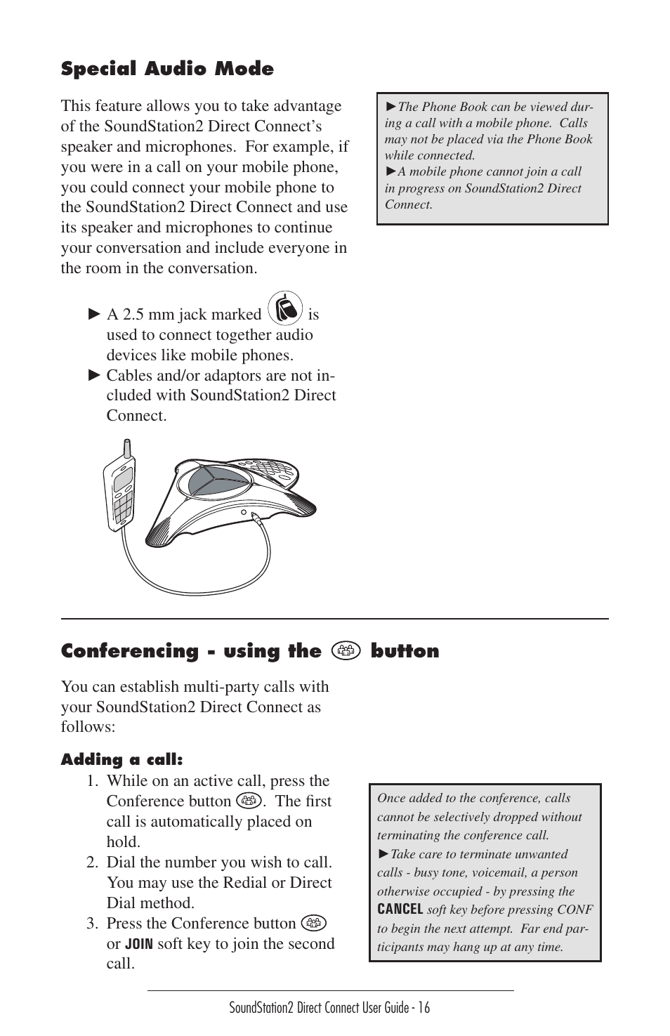 Special audio mode, Conferencing - using the button | Polycom Sound Station2 Direct Connect-MERIDIAN User Manual | Page 16 / 37