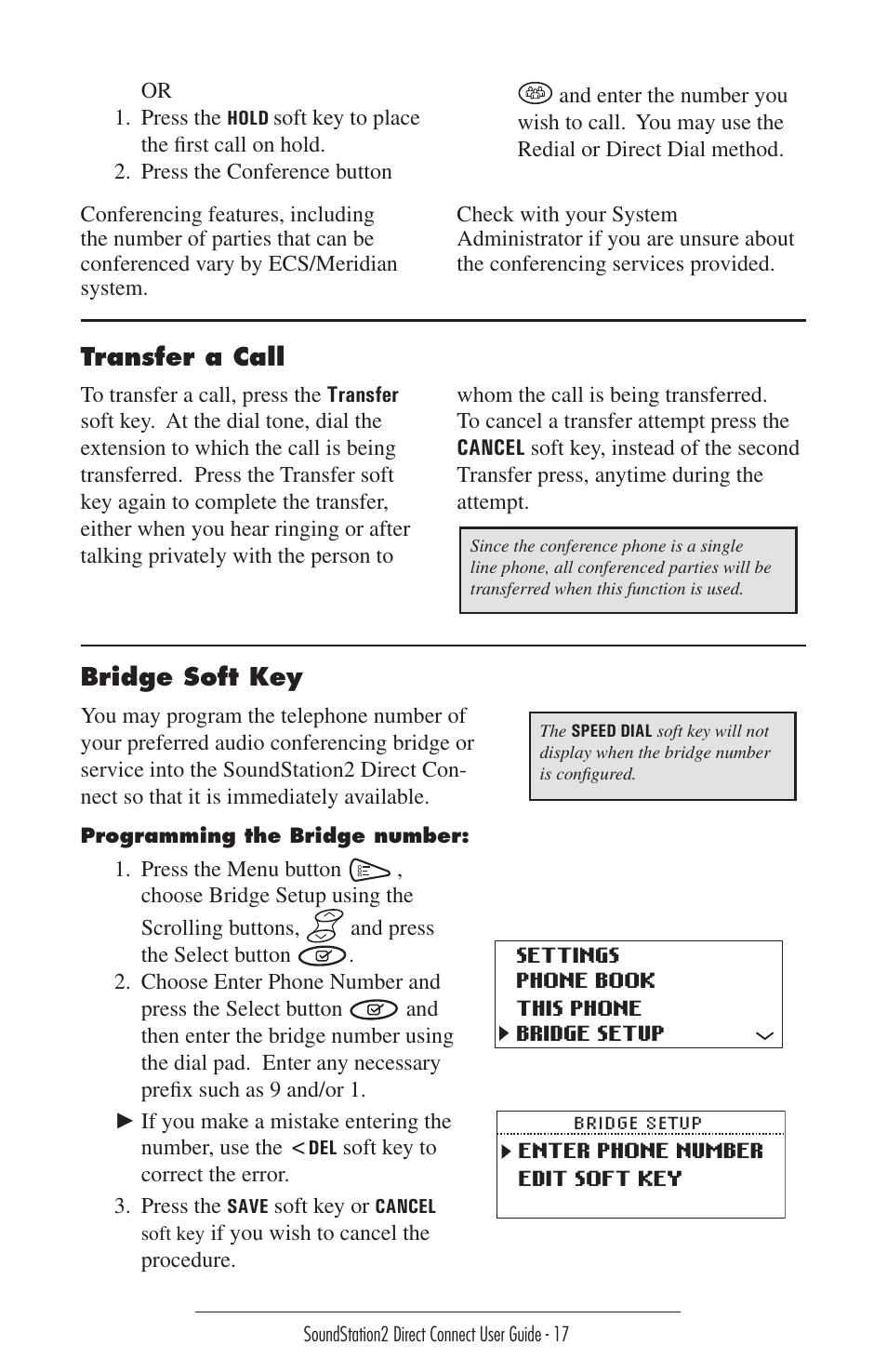 Bridge soft key, Phone book | Polycom Sound Station2 Direct Connect-MERIDIAN User Manual | Page 17 / 37