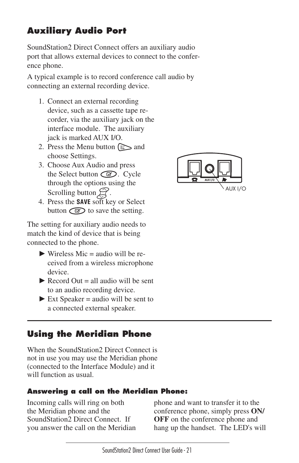 Using the meridian phone | Polycom Sound Station2 Direct Connect-MERIDIAN User Manual | Page 21 / 37
