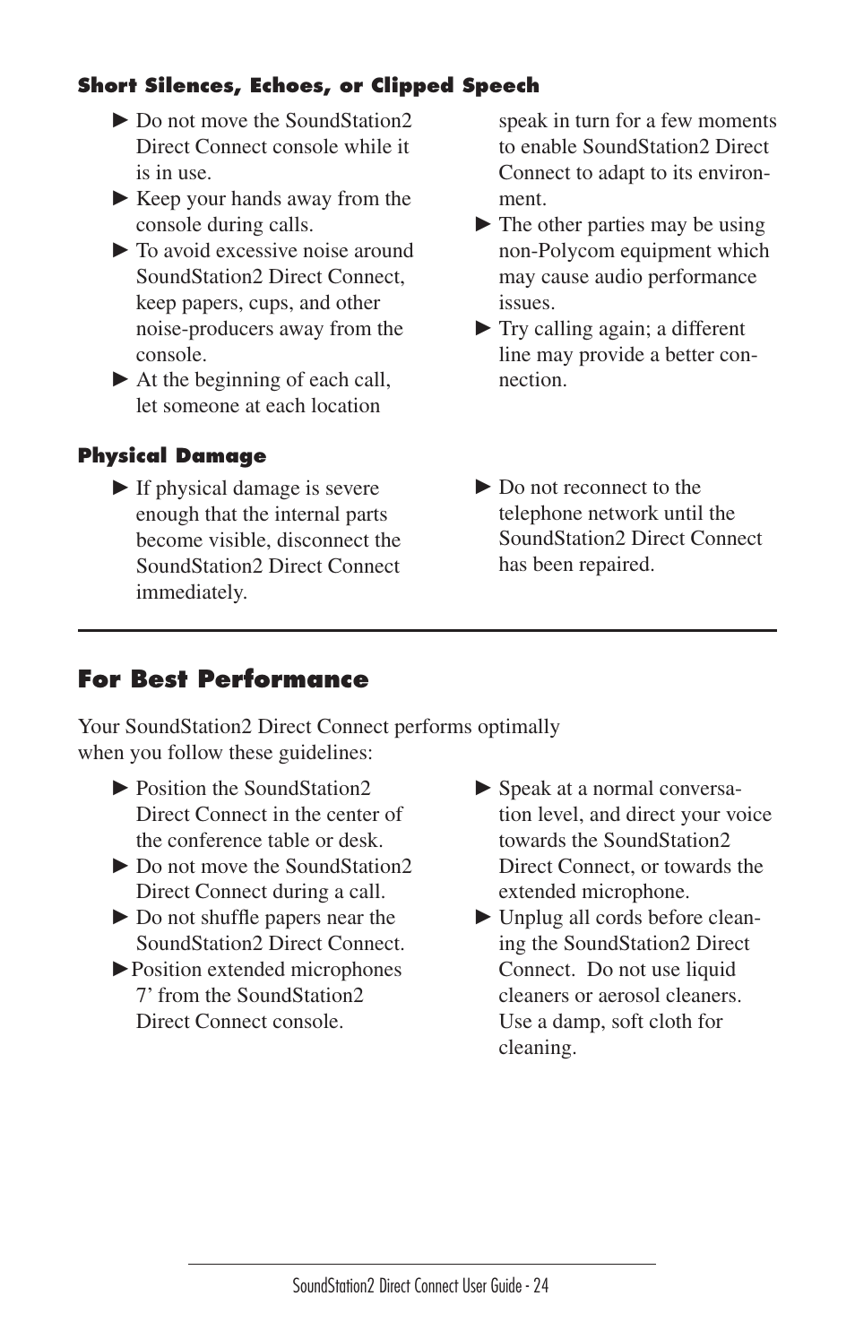 Short silences, echoes, or clipped speech, Physical damage, For best performance | Lcd messages | Polycom Sound Station2 Direct Connect-MERIDIAN User Manual | Page 24 / 37