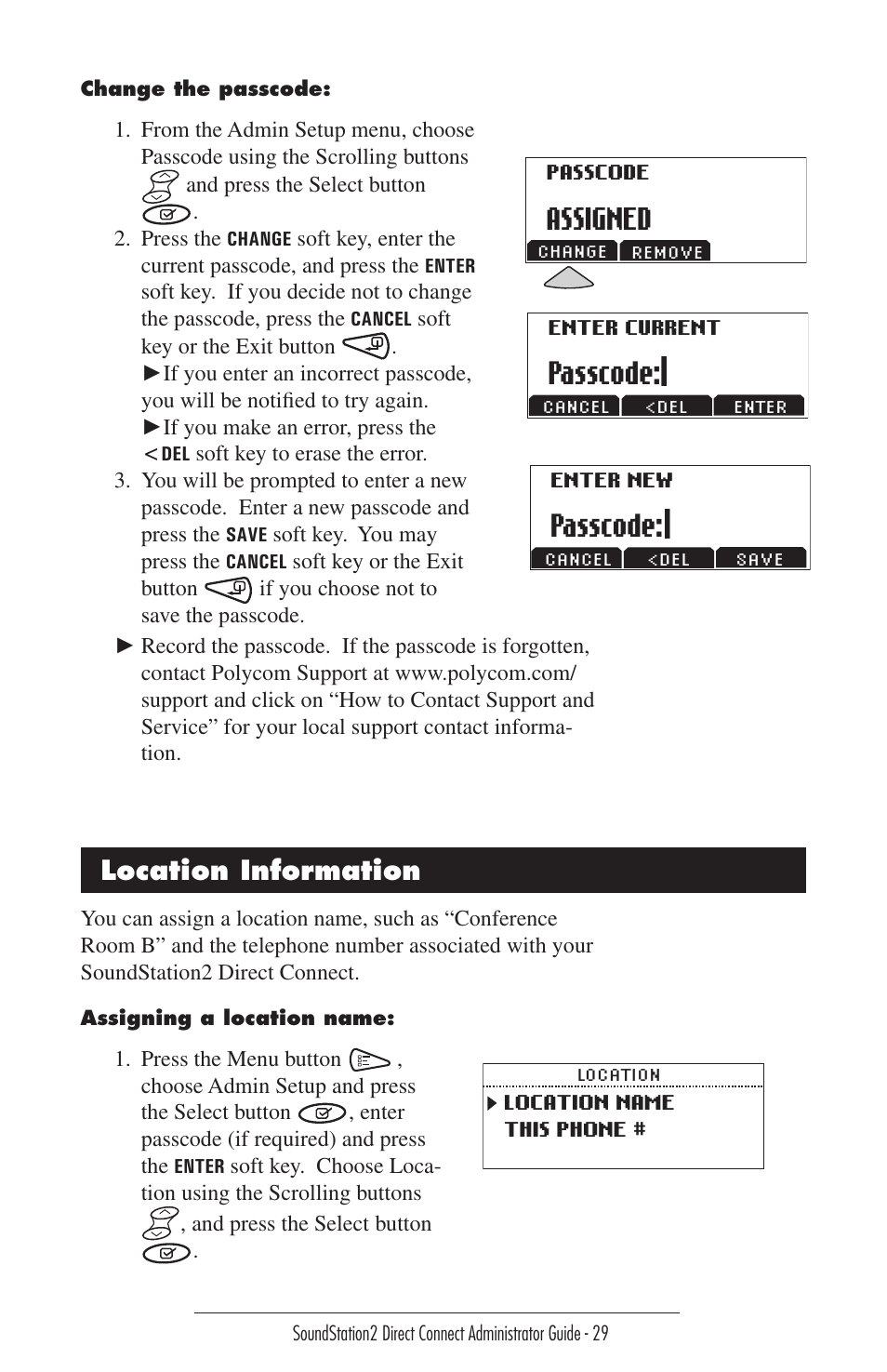Location information, Passcode, Assigned | Polycom Sound Station2 Direct Connect-MERIDIAN User Manual | Page 29 / 37