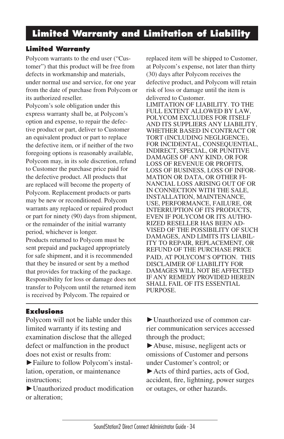 Limited warranty and limitation of liability | Polycom Sound Station2 Direct Connect-MERIDIAN User Manual | Page 34 / 37