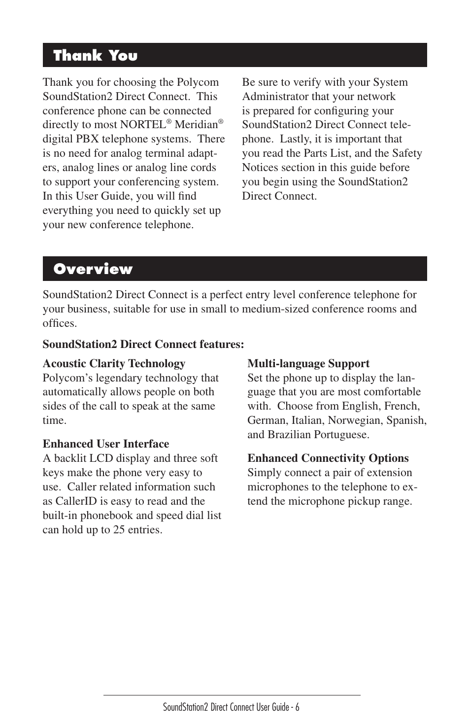 Thank you overview, Overview | Polycom Sound Station2 Direct Connect-MERIDIAN User Manual | Page 6 / 37