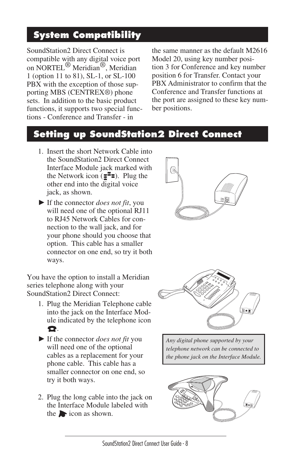 System compatibility, Setting up soundstation2 direct connect | Polycom Sound Station2 Direct Connect-MERIDIAN User Manual | Page 8 / 37