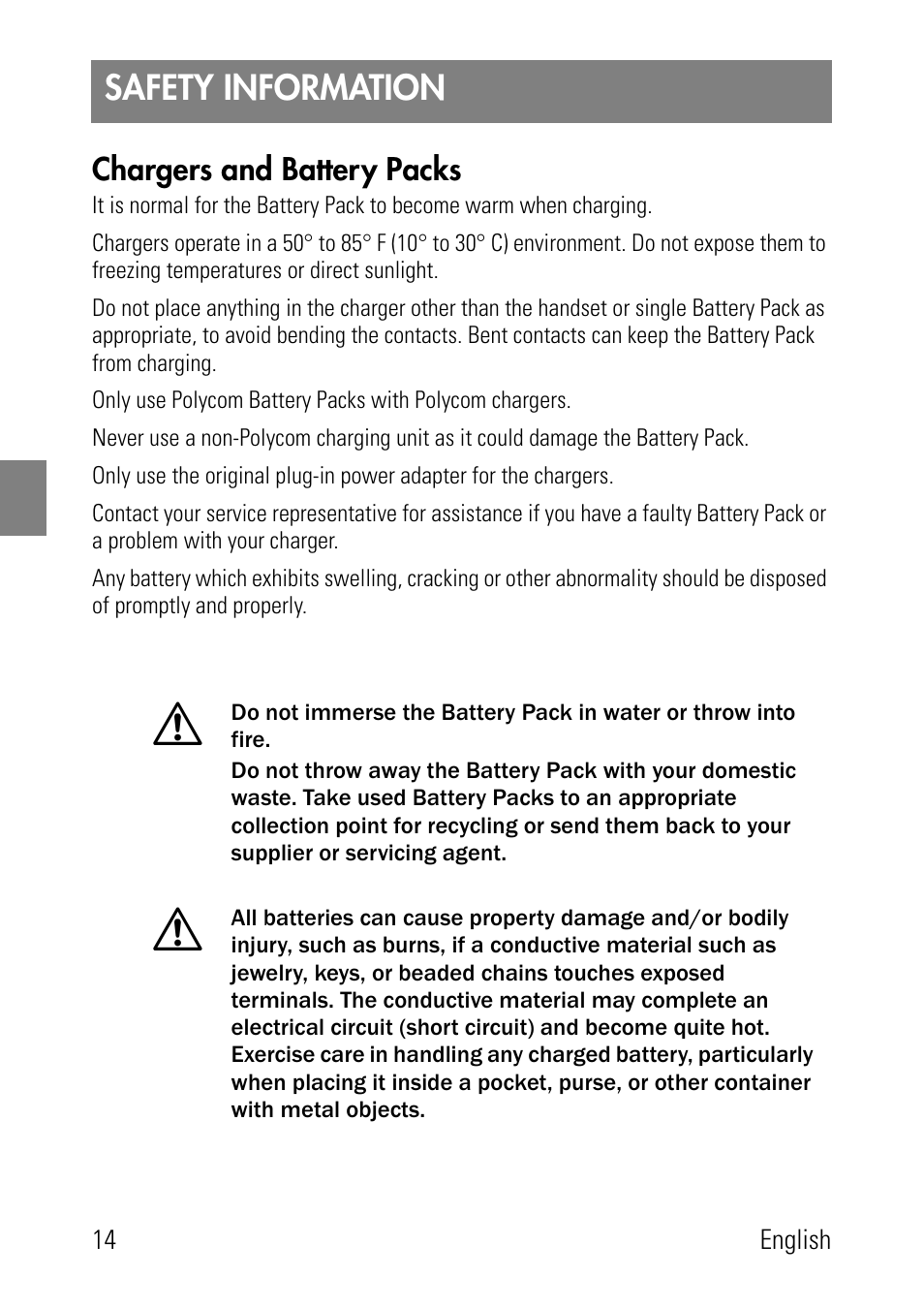 Safety information, Chargers and battery packs | Polycom SpectraLink 1725-36024-001 User Manual | Page 14 / 95