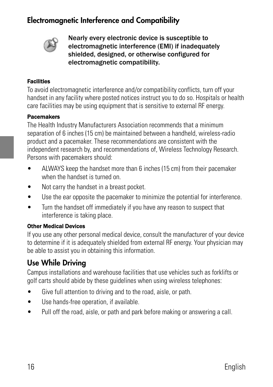 Electromagnetic interference and compatibility, Use while driving | Polycom SpectraLink 1725-36024-001 User Manual | Page 16 / 95