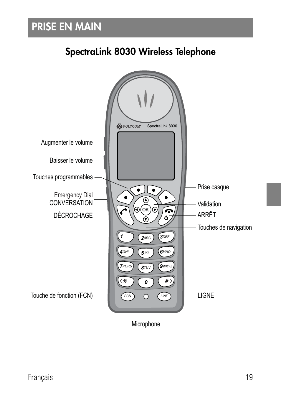 Prise en main, Spectralink 8030 wireless telephone, Français 19 | Polycom SpectraLink 1725-36024-001 User Manual | Page 19 / 95