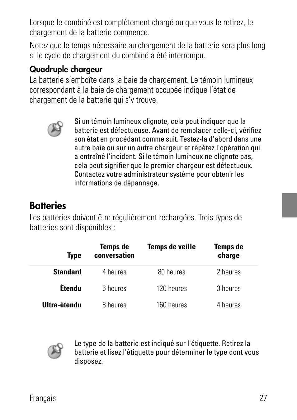 Quadruple chargeur, Batteries | Polycom SpectraLink 1725-36024-001 User Manual | Page 27 / 95