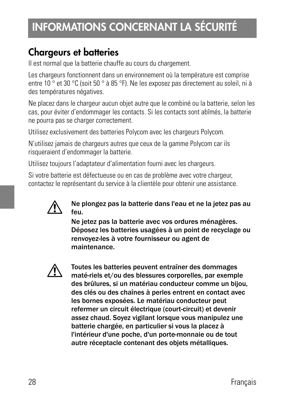 Informations concernant la sécurité, Chargeurs et batteries | Polycom SpectraLink 1725-36024-001 User Manual | Page 28 / 95