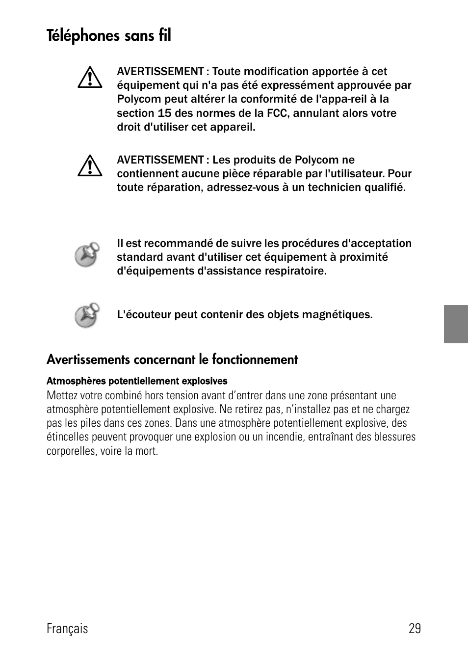 Téléphones sans fil, Avertissements concernant le fonctionnement | Polycom SpectraLink 1725-36024-001 User Manual | Page 29 / 95