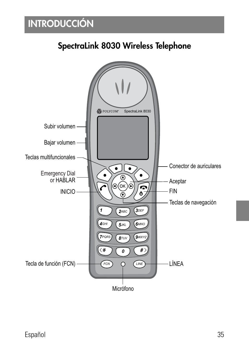 Introducción, Spectralink 8030 wireless telephone, Español 35 | Polycom SpectraLink 1725-36024-001 User Manual | Page 35 / 95