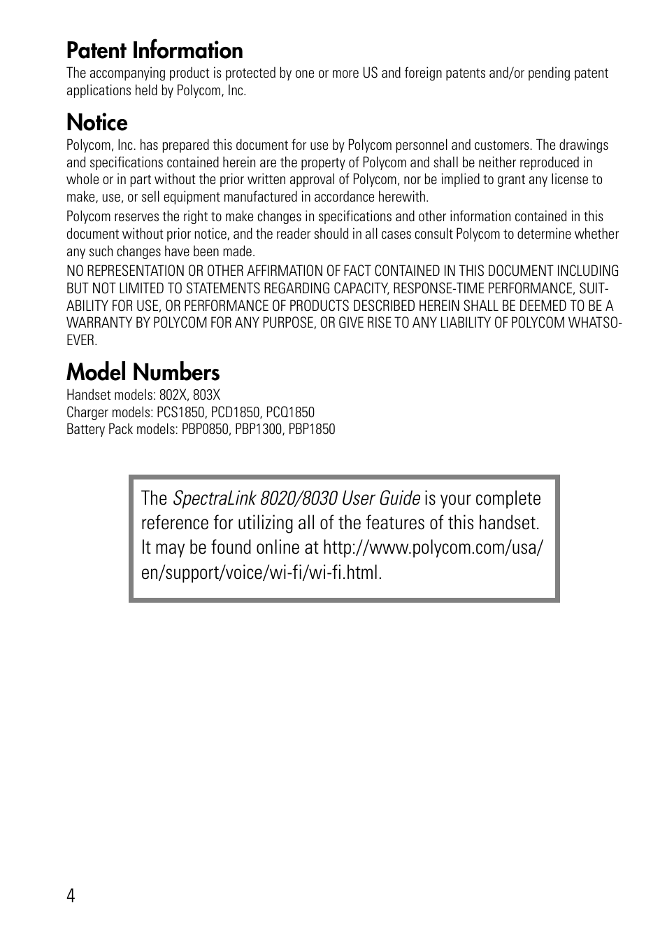 Patent information, Notice, Model numbers | Polycom SpectraLink 1725-36024-001 User Manual | Page 4 / 95