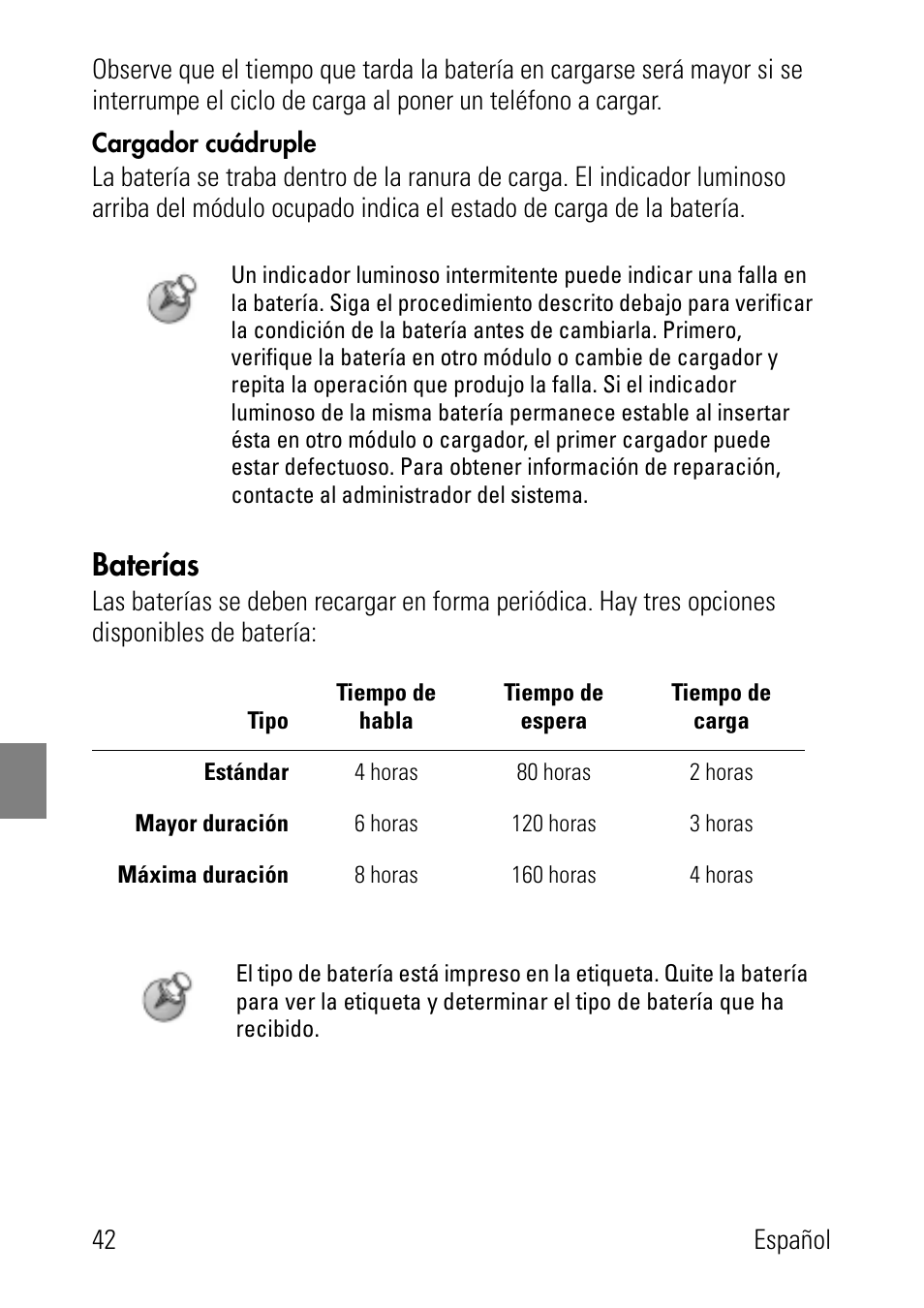 Cargador cuádruple, Baterías | Polycom SpectraLink 1725-36024-001 User Manual | Page 42 / 95