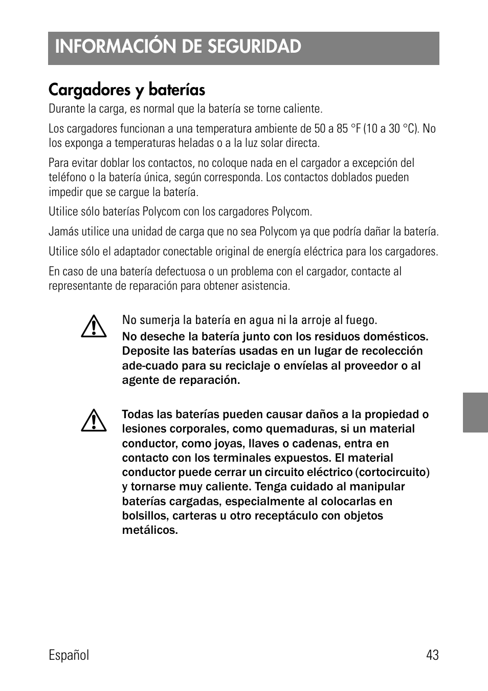 Información de seguridad, Cargadores y baterías | Polycom SpectraLink 1725-36024-001 User Manual | Page 43 / 95