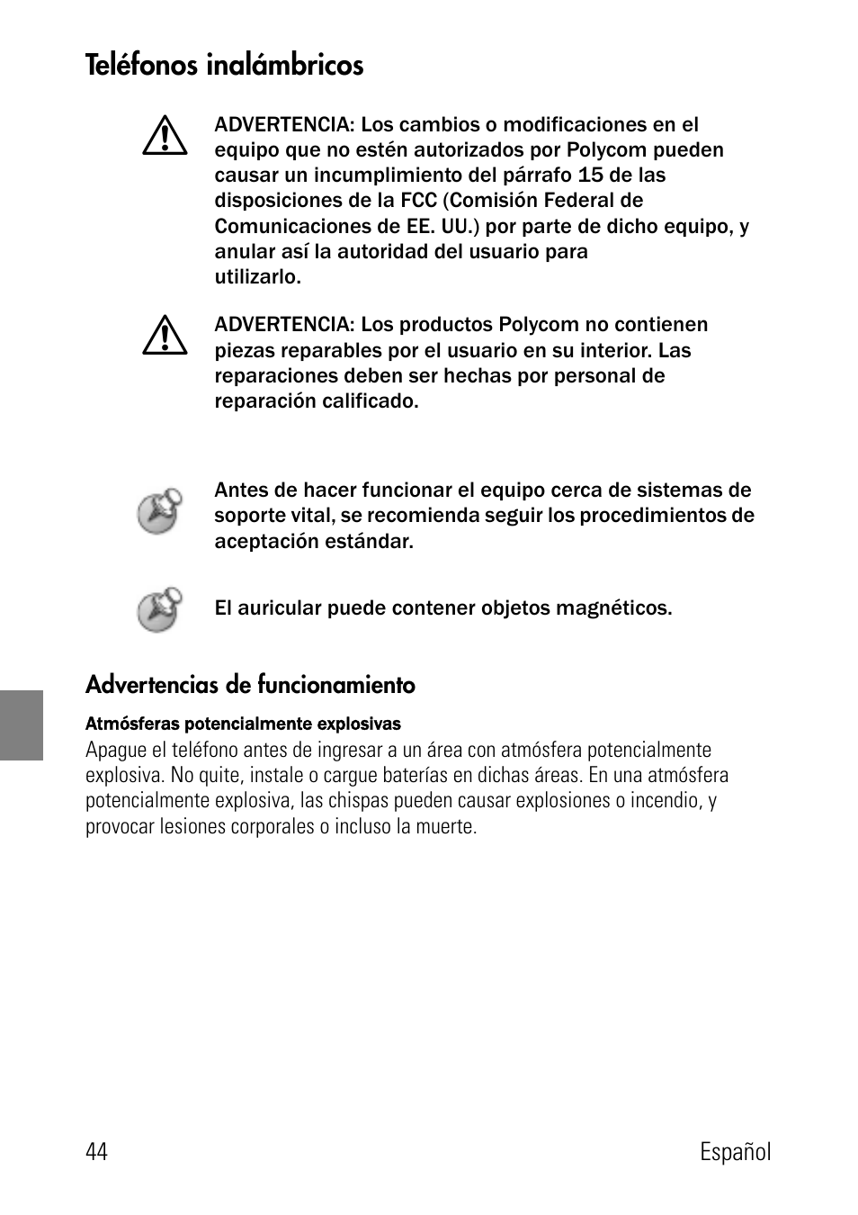 Teléfonos inalámbricos, Advertencias de funcionamiento | Polycom SpectraLink 1725-36024-001 User Manual | Page 44 / 95