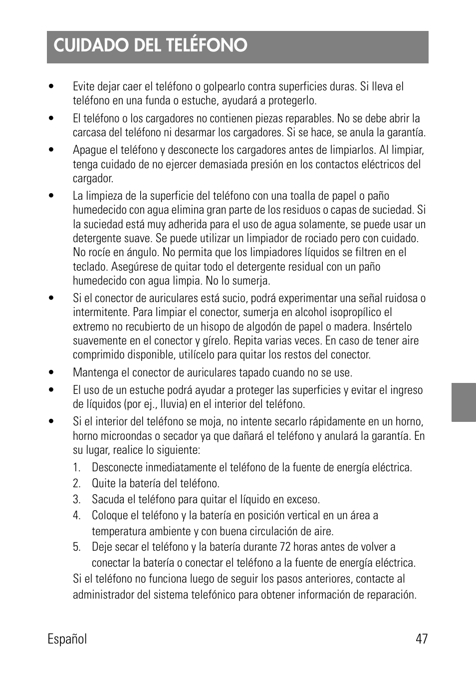 Cuidado del teléfono | Polycom SpectraLink 1725-36024-001 User Manual | Page 47 / 95