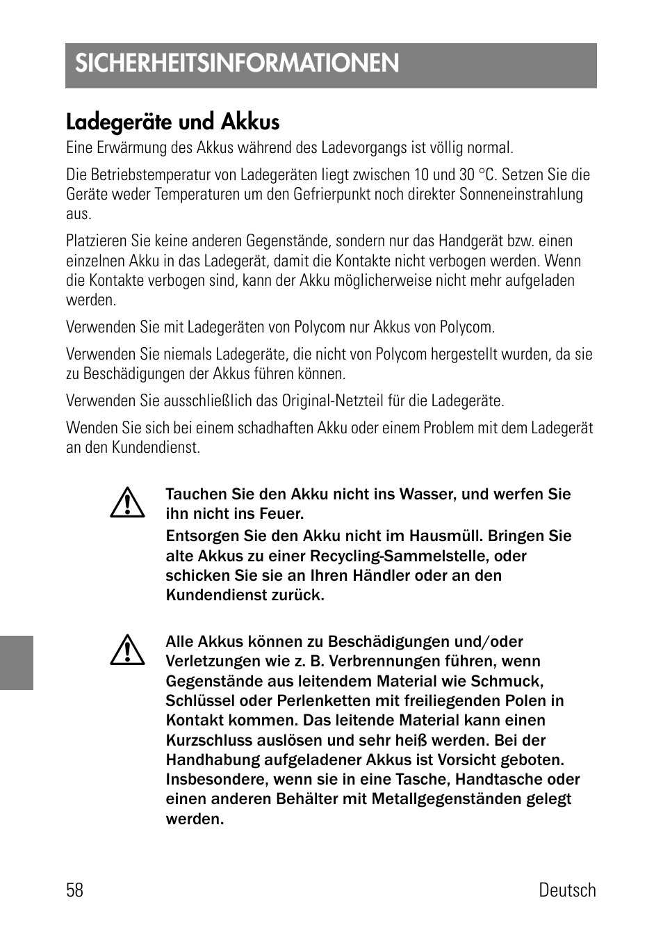 Sicherheitsinformationen, Ladegeräte und akkus | Polycom SpectraLink 1725-36024-001 User Manual | Page 58 / 95